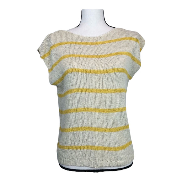 Old Navy Cap Short Sleeve Cream Yellow Striped Casual Sweater Top Medium M - Picture 1 of 5